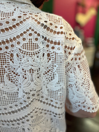Off White Lace Button Up Top