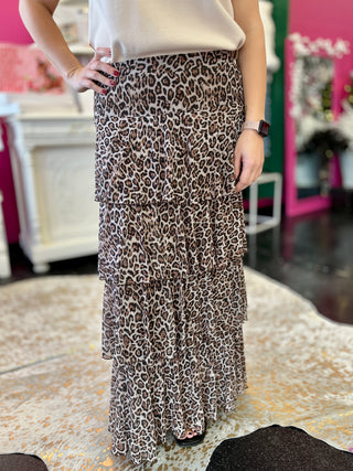 Leopard Mesh Ruffle Tiered Maxi Skirt