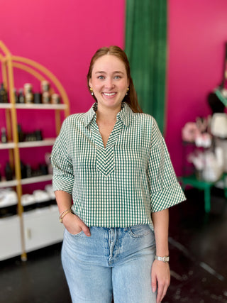 Hunter Green Gingham VNeck Top