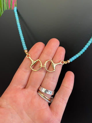 Gold Horsebit & Small Turq Bead Necklace