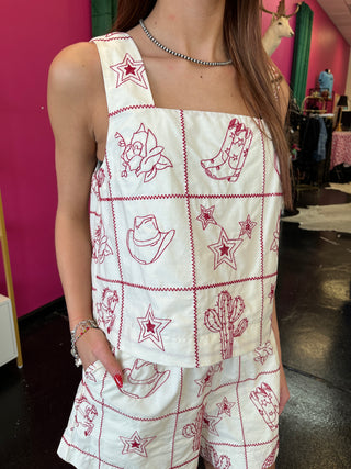 Western Vibes Cream & Red Embroidery Top
