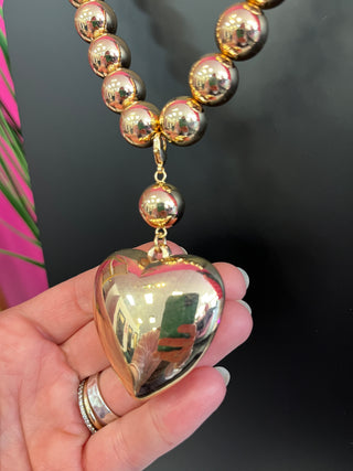 Gold Round Bead Puff Heart Necklace