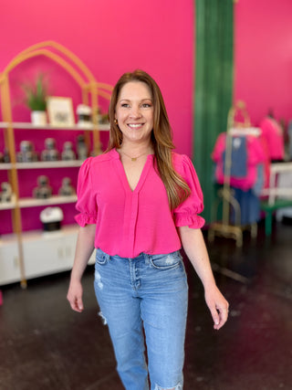 Hot Pink VNeck Puff Sleeve Top