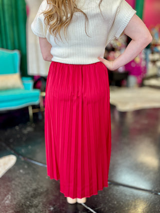 Deep Red Satin Pleated Midi Skirt