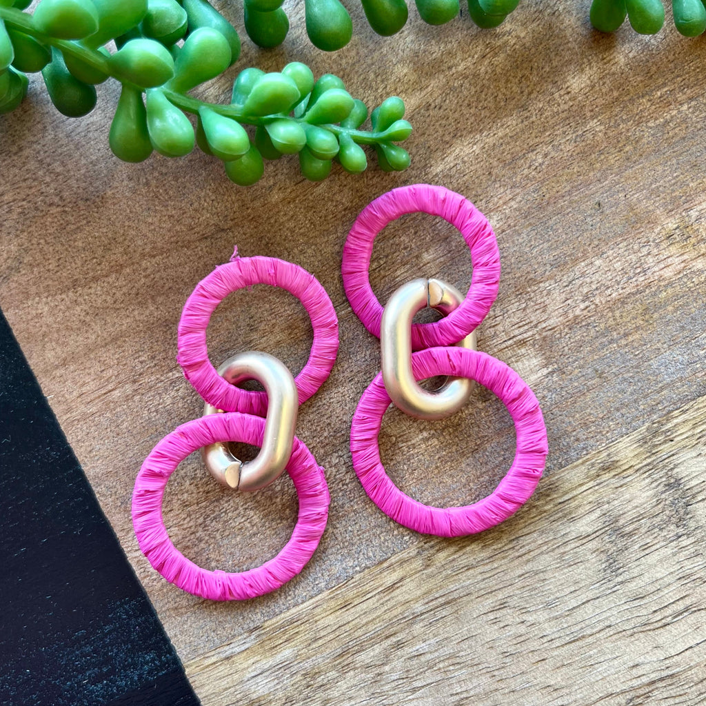 Hot Pink Raffia & Gold Circle Earrings
