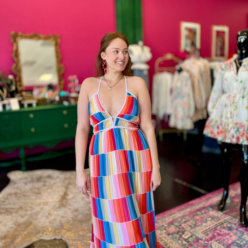 Rainbow Square Pleated Maxin Dress