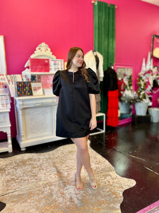 Black Satin Puff Sleeve Dress