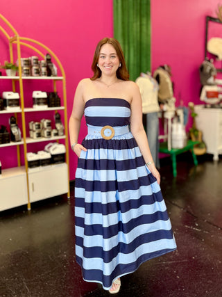 Blue Tones Striped Strapless Midi Dress