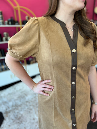 Camel Faux Suede Button Up Dress by THML