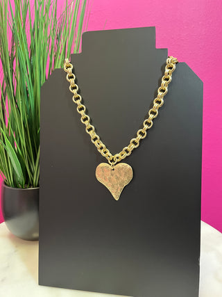 Gold Hammered Heart Link Necklace