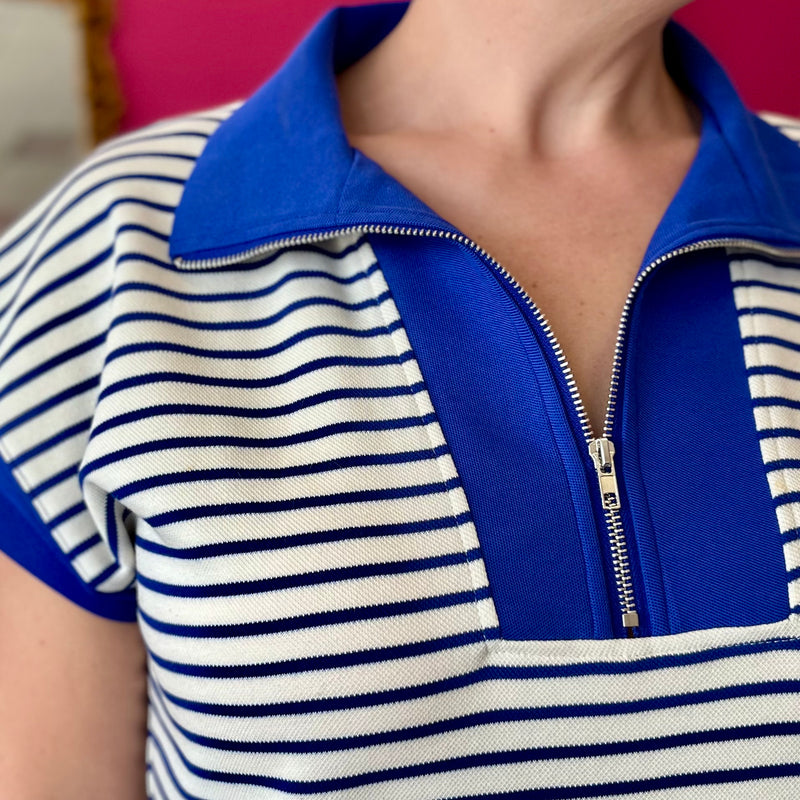 Royal Blue Striped Half Zip Dress