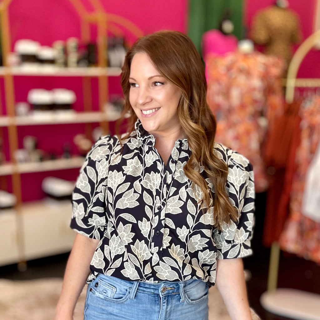 Navy & White Embroidery Top