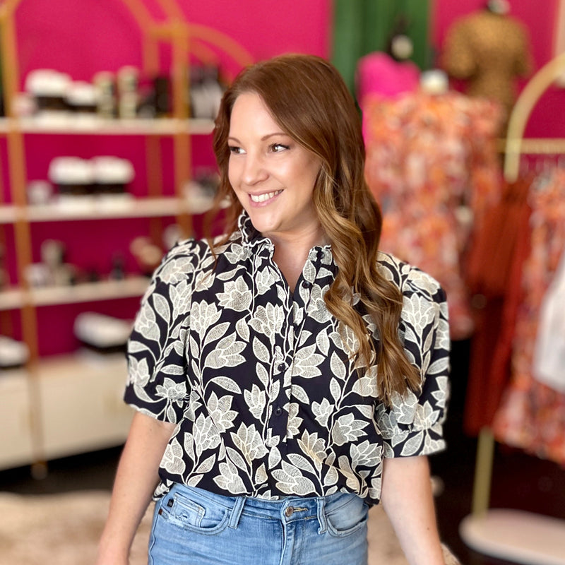 Navy & White Embroidery Top