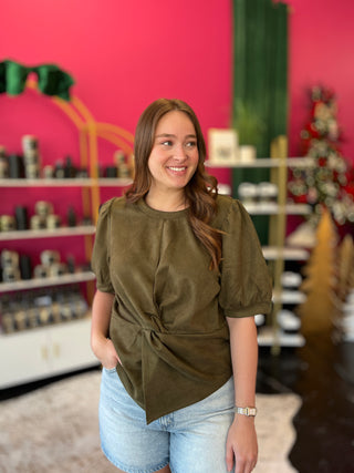Olive Faux Suede Twist Top by THML