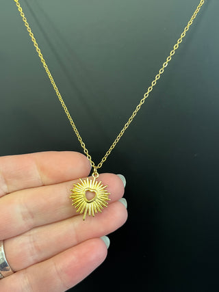 Gold Sun Burst Heart Necklace - Water Resistant