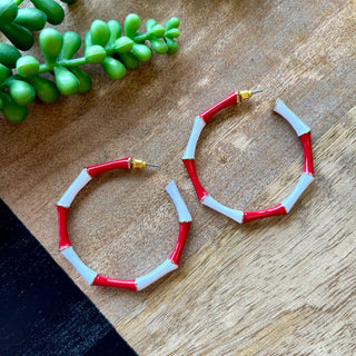 Red & White Bamboo Hoop Earring