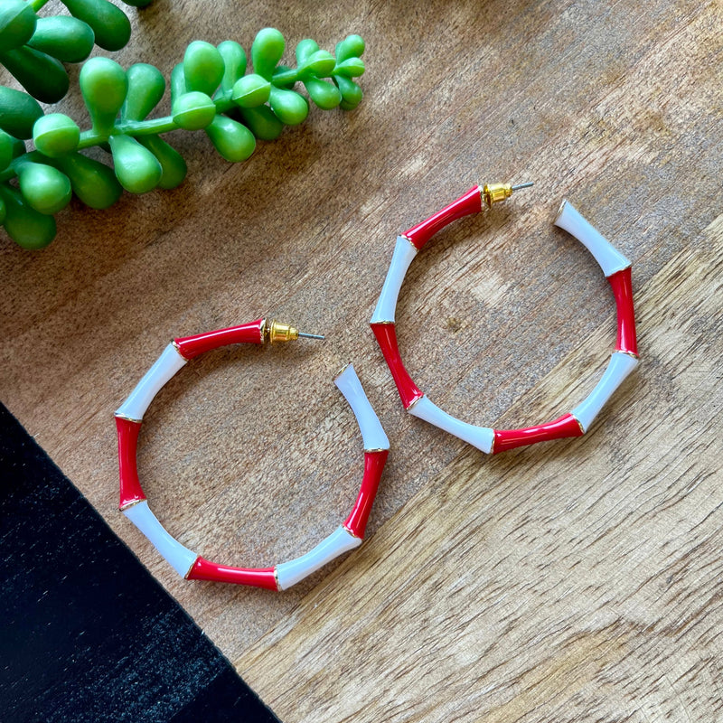 Red & White Bamboo Hoop Earring