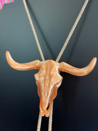 Pearlized Peach Bull Skull Crystal Bolo Necklace