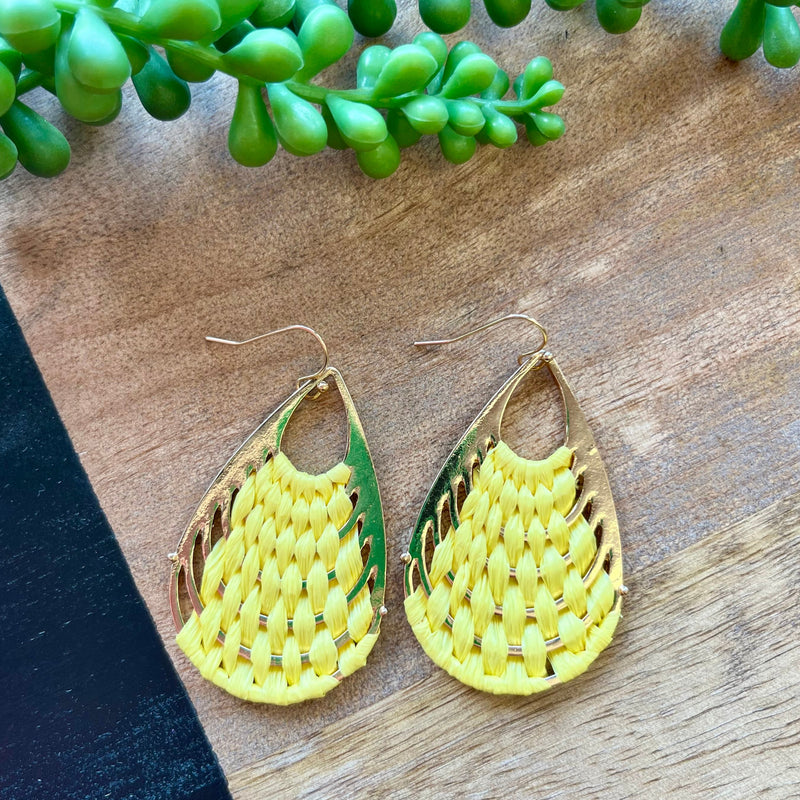 Yellow Raffia Woven Teardrop Earrings