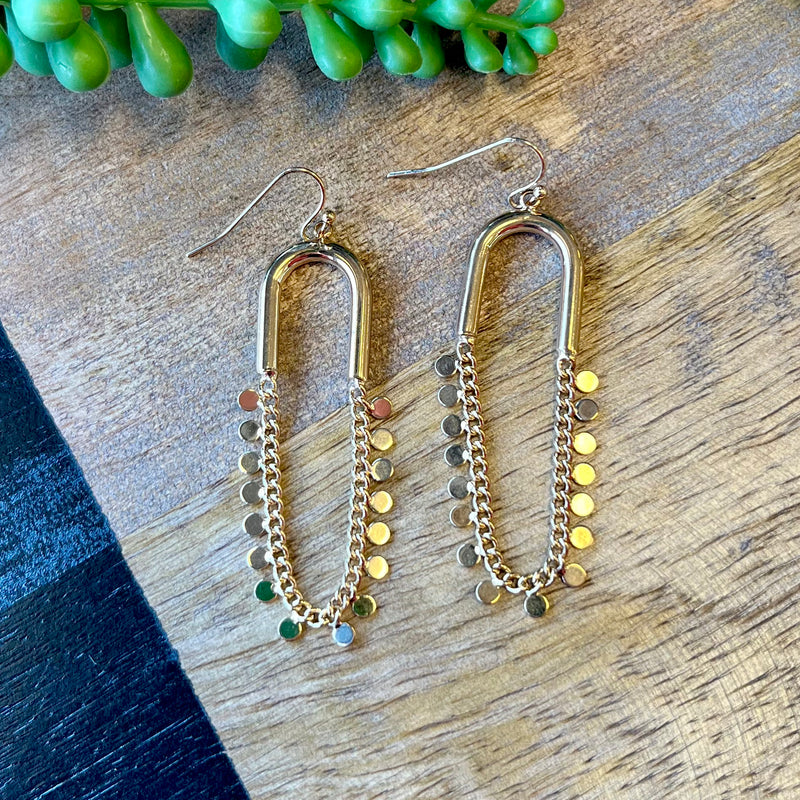 Gold Oval & Dangle Chain Earrings