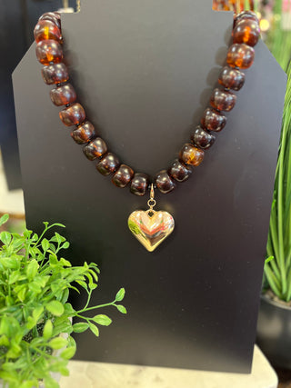 Brown & Gold Puff Heart Statement Necklace
