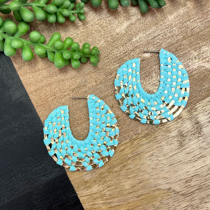 Mint Raffia Woven Big Circle Hoop Earrings