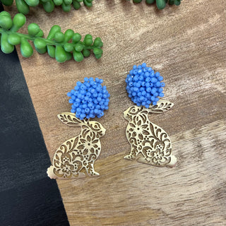 Blue Beaded PomPom Bunny Earrings