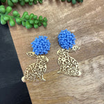 Blue Beaded PomPom Bunny Earrings