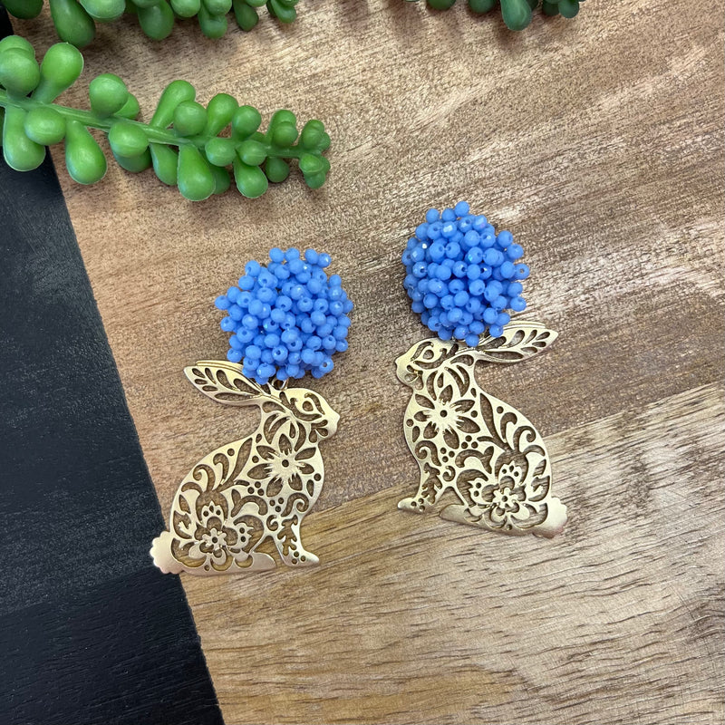 Blue Beaded PomPom Bunny Earrings