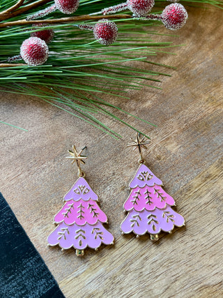 Pink & Gold Enamel Christmas Tree Earrings