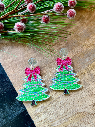 Green & Pink Christmas Tree Earrings