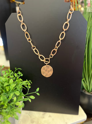 Muted Gold Hammered Circle Link Necklace