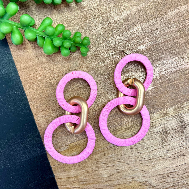 Pink Raffia & Gold Circle Earrings