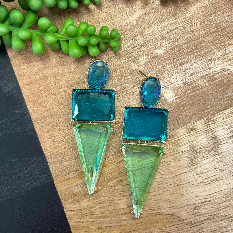 Green Tone Crystal Geometric Earrings