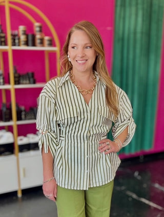 Cream & Olive Striped Button Up Top