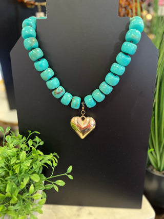 Turq & Gold Puff Heart Statement Necklace