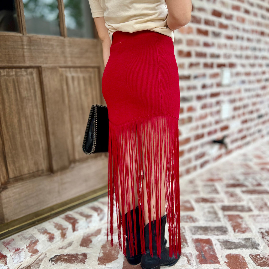 Quincy Red Knit Long Fringe Skirt