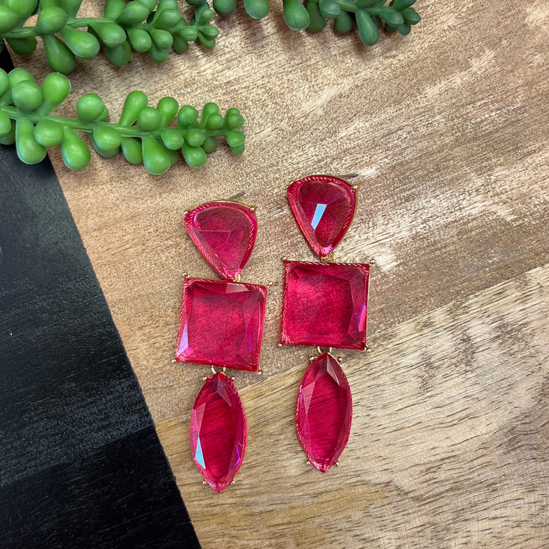 Hot Pink Large Crystal Geometric Earrings