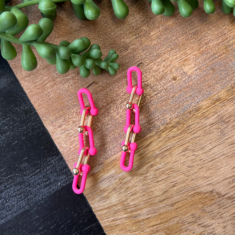 Neon Pink & Gold Ball Chain Link Earring