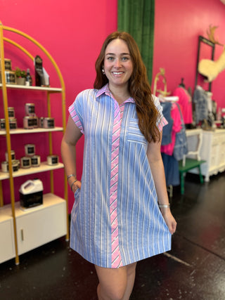 Blue & Pink Constrasting Striped Dress