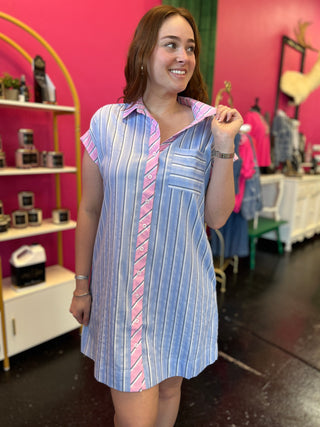 Blue & Pink Constrasting Striped Dress