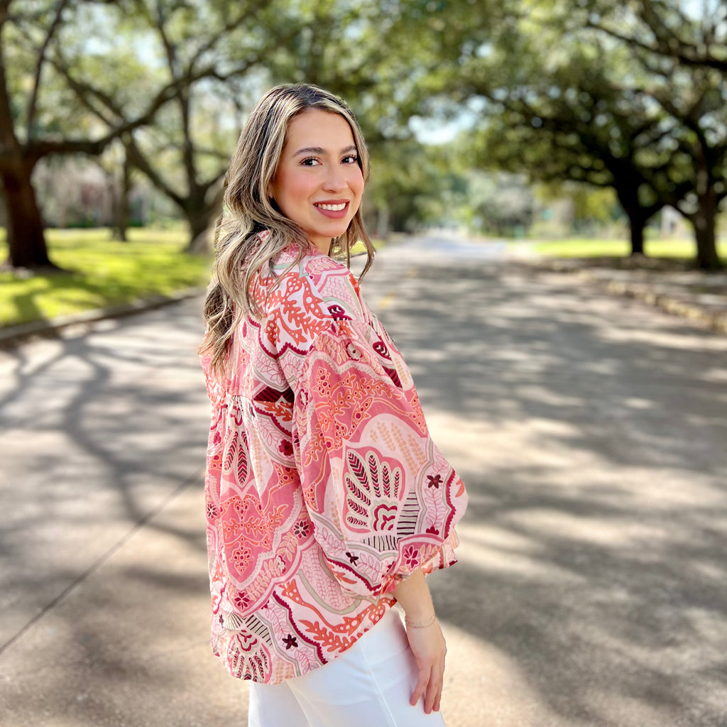 Coral Abstract Bubble Sleeve Top