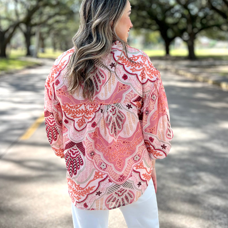 Coral Abstract Bubble Sleeve Top