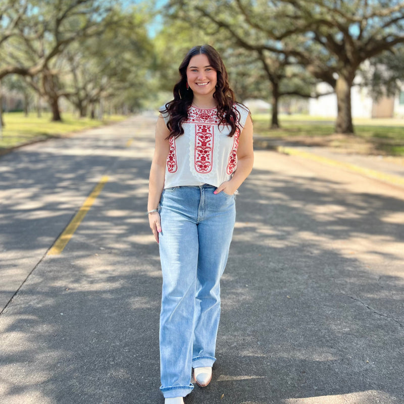 Plus Isla Ivory & Red Embroidery Top