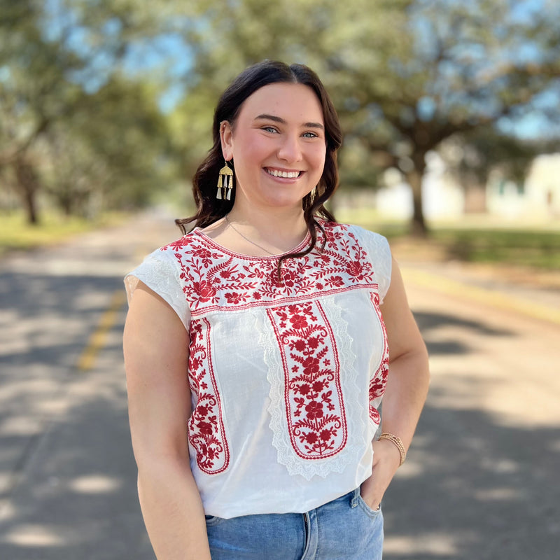 Plus Isla Ivory & Red Embroidery Top