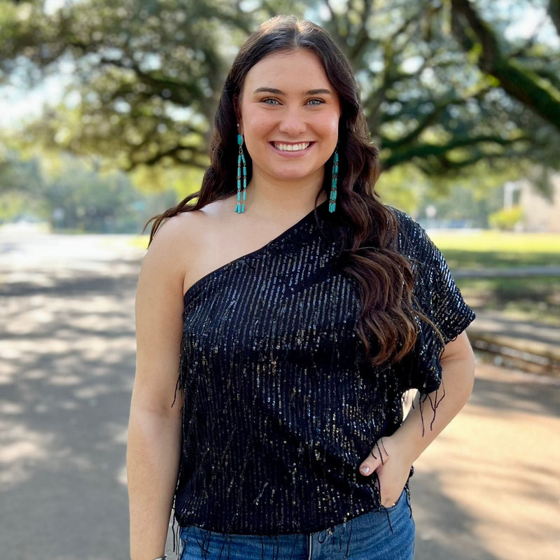 Black Dangle Sequin One Shoulder Top