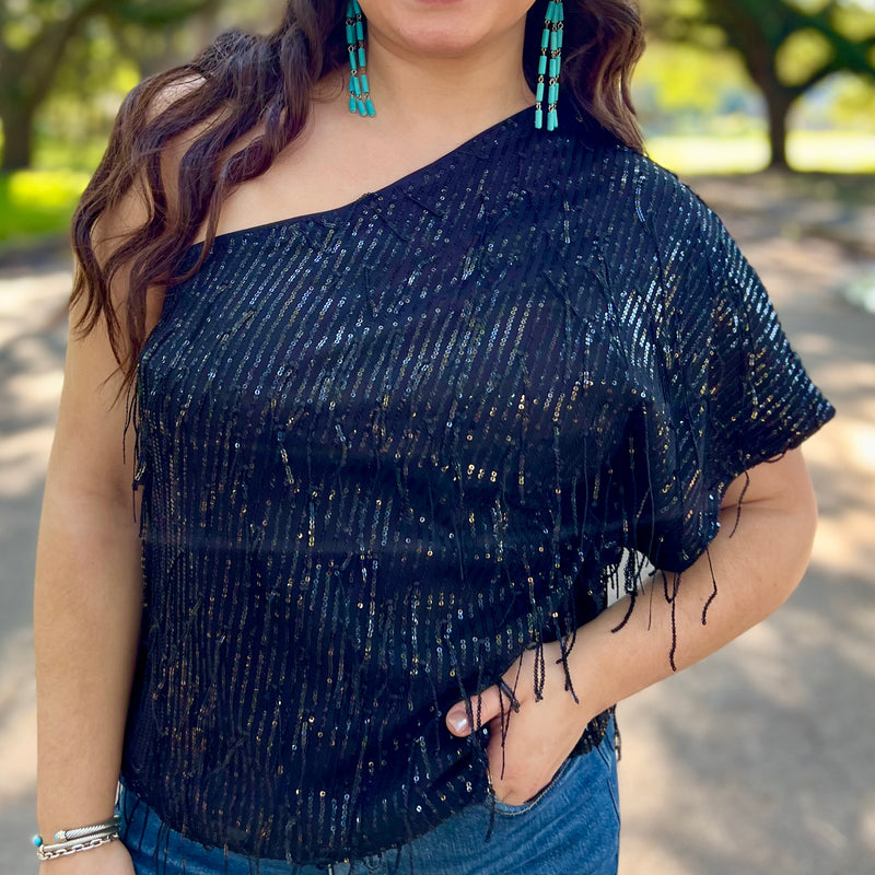 Black Dangle Sequin One Shoulder Top