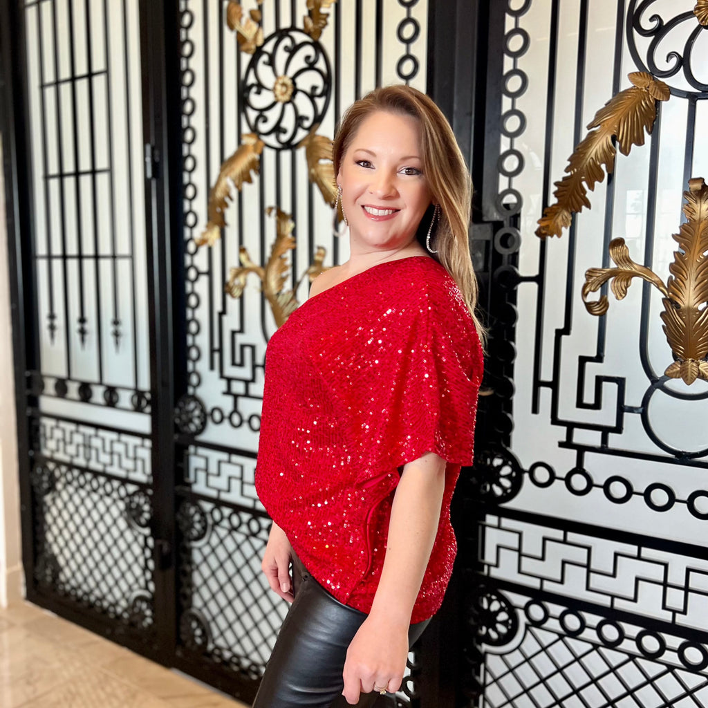 Lady in Red Sequin One Shoulder Top