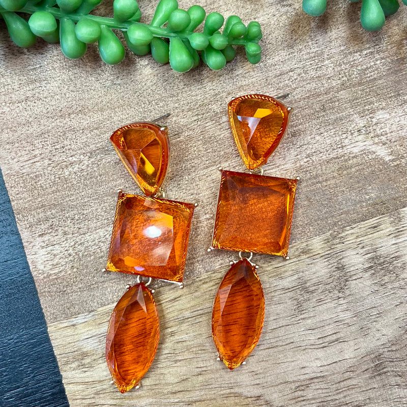 Orange Large Crystal Geometric Earrings