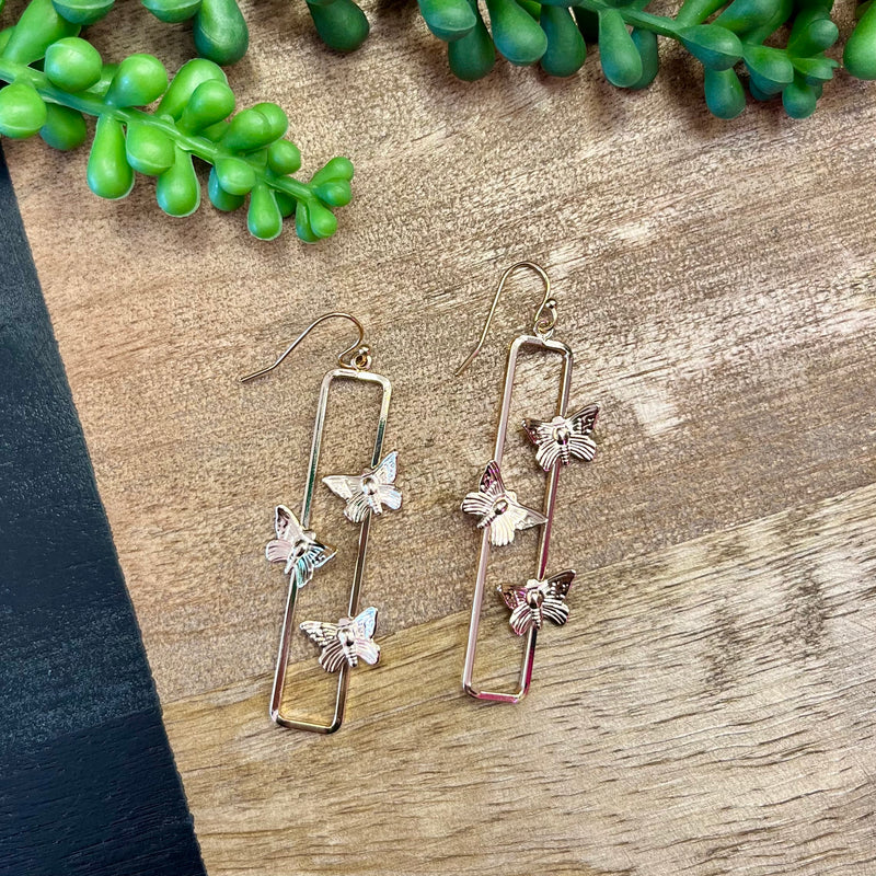 Gold Butterfly Long Rectangle Earring